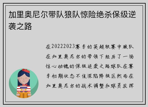 加里奥尼尔带队狼队惊险绝杀保级逆袭之路